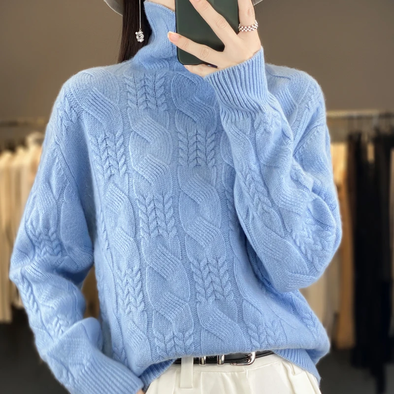 Women Jumpers LOOSE Winter Thicker Warm Turtleneck Pullovers 100% WOOL Knitting Soft Warm Full Sleeve Sweaters YL01