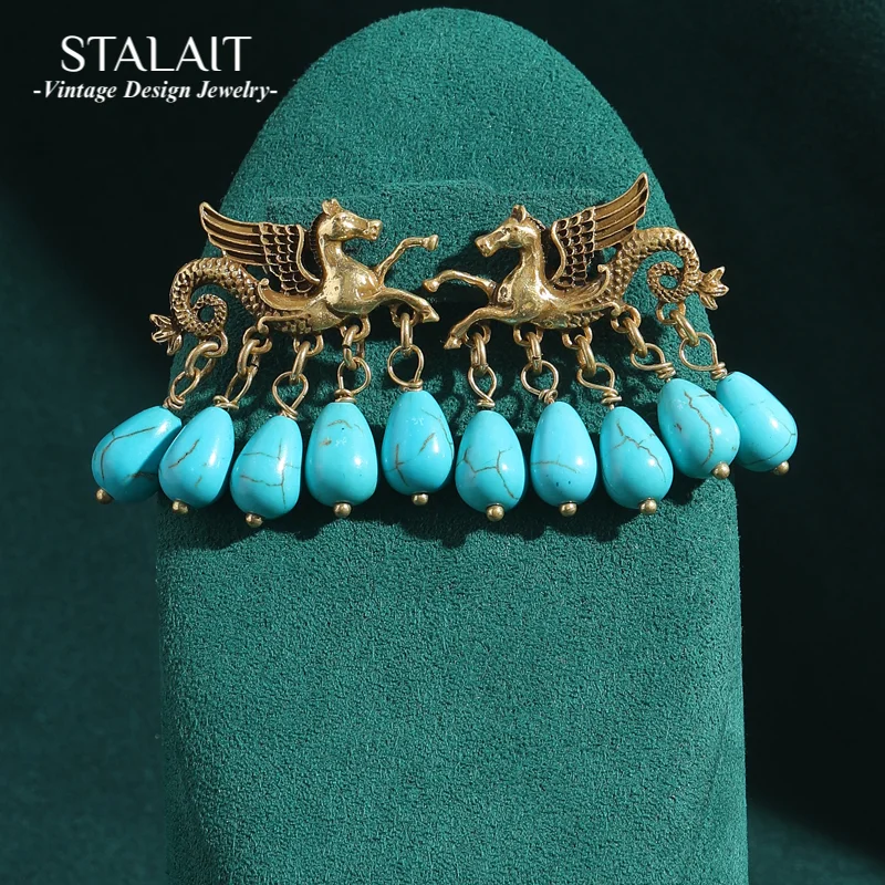 

Vintage Jewelry Luxury Designer Gold Color Flying Horse Blue Earrings Drop Dangle Natural Stone Water Woman Charm Antique 2025