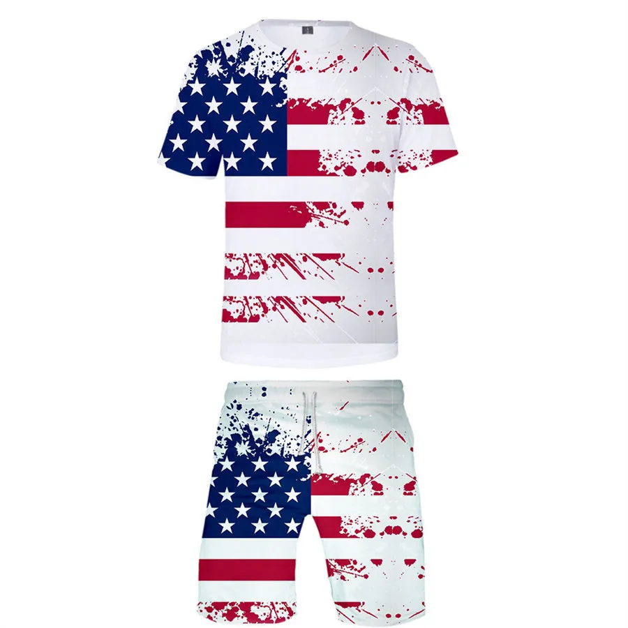 American Stars Stripes Flag Kids Compression Set short Sleeve Gym Top+Workout Shorts Quick Drying Breathble Set