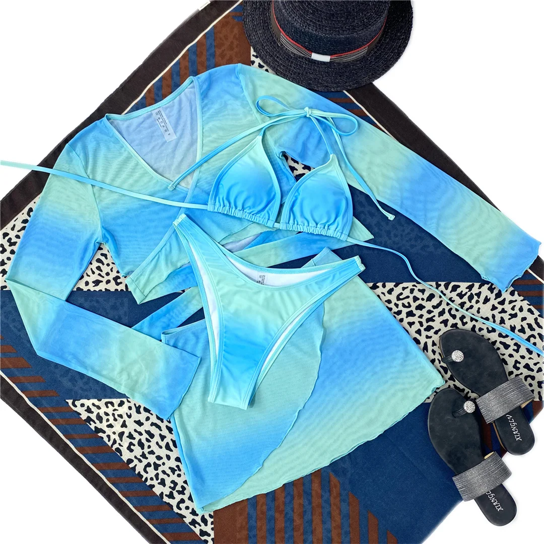 Tie-Dye-Bikini, Damen-Badeanzug, Damen-Bademode, vierteiliges Bikini-Set mit Sarong, Strand-Badeanzug mit langen Ärmeln, Badebekleidung, Modell V3348. – Detail 13