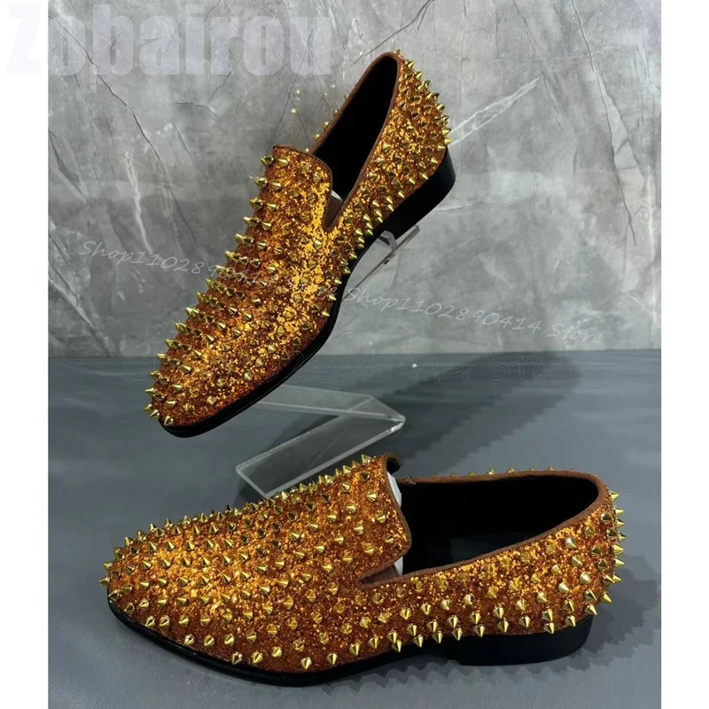 Gold Glitter Spikes Decor Low Top Loafers Fashion Slip On Men Shoes Luxury Handmade Party Banquet Office Dating Men Dress Shoes