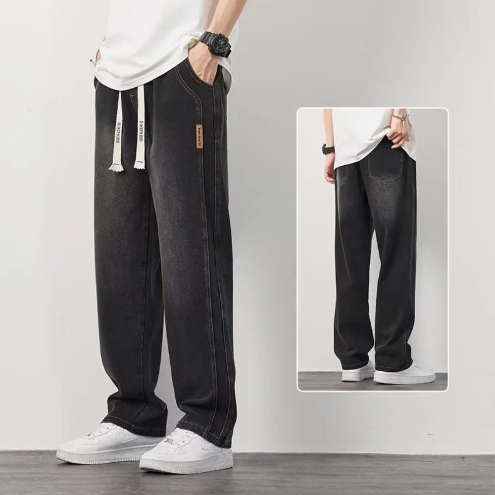 New Men's Denim Wide-leg Pants Korean Style Straight Loose Jeans Street Hip-hop Daily Casual Student Trousers Black Gray Blue