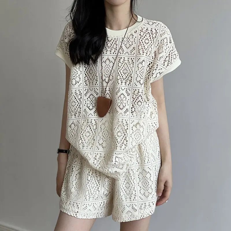Summer Casual Chic Hollow Out Top and Shorts Set