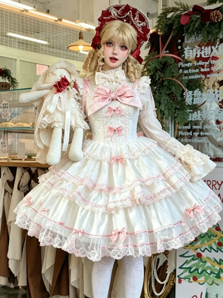 2026 Vintage Süßes Klassisches Lolita JSK Ärmelloses A-Linien-Kleid mit Spitze, Schleife und Trägern, Kawaii Prinzessinnen-Party-Cosplay-Alltagskleid