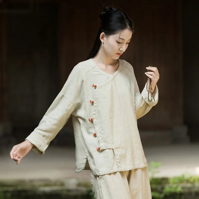 

Autumn Ramie Shirt: Sand-Washed, Diagonal Placket & Frog Buttons, Modern Chinese Style.