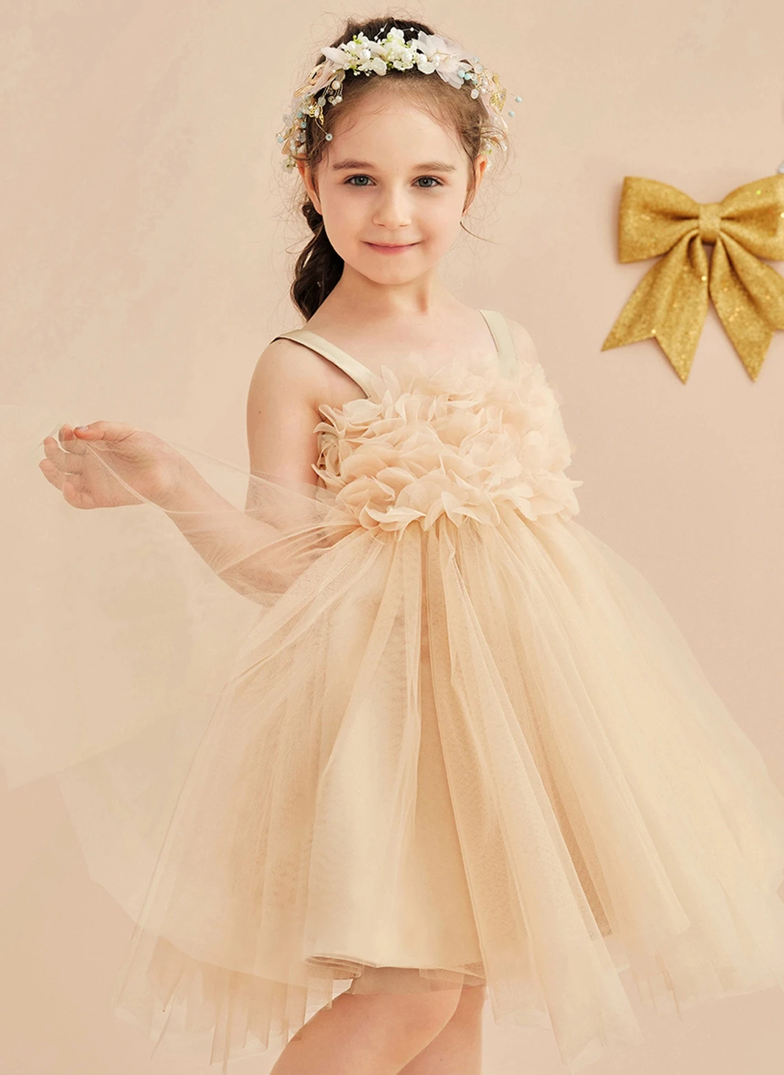 

Knee-Length Tulle Flower Girl Dress Junior Bridesmaid Dress With Bow First Communion Dress 2-15T