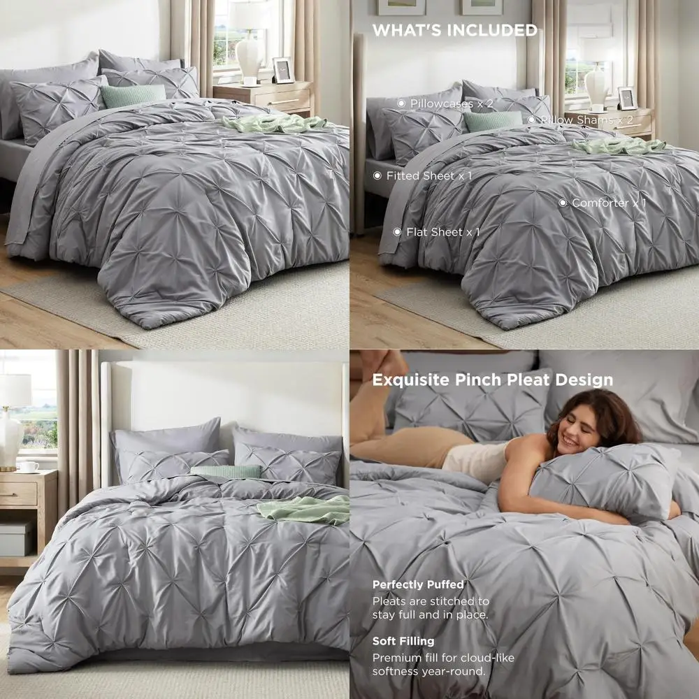 

Серый комплект постельного белья King Size увеличенного размера - 7-предметный комплект с декоративной строчкой для всей семьи, включая простыни, наволочки и...