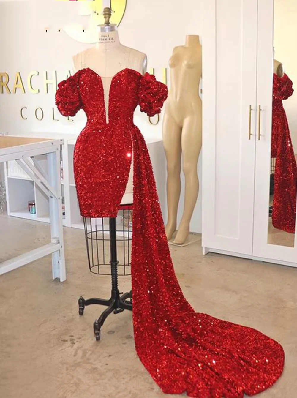 Fashion Red Sparkly Sequined Prom Dress Long Off Shoulder High Slit Sexy African Short Gala Plus Size Banquet Evening Gowns