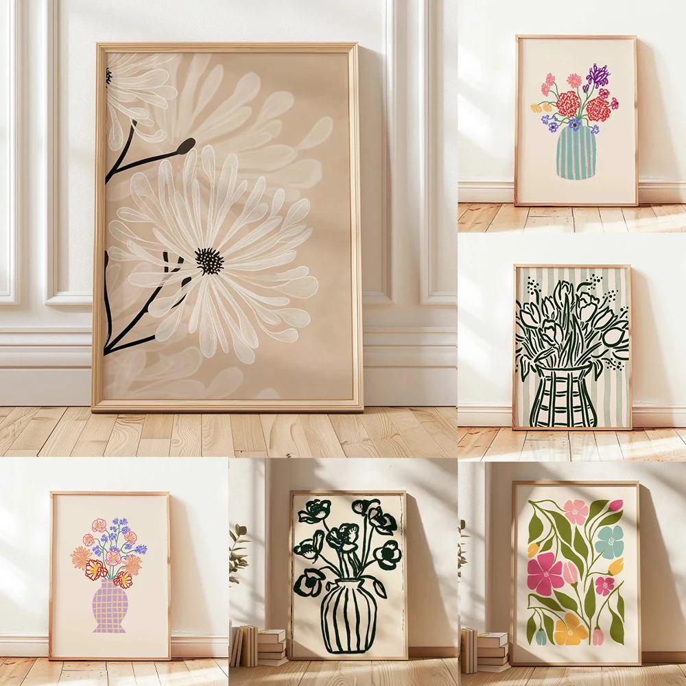 1pc Retro Beige Floral Line Printing,Simple Canvas Painting,Frameless Modern Plant Wall Decor for Living Room,Housewarming Gi