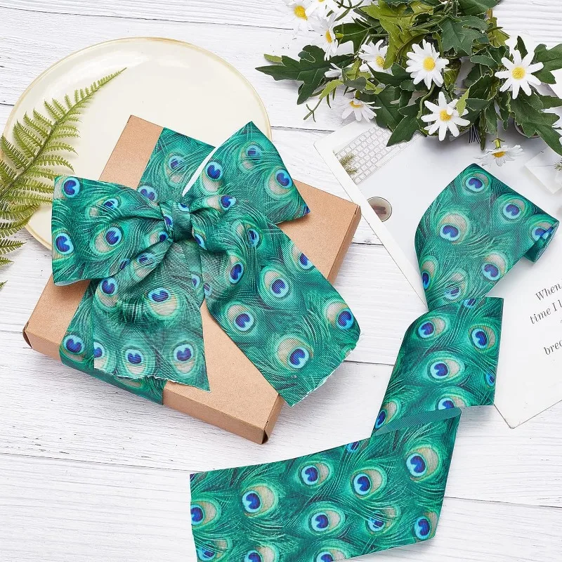 4.5m 5 Yards Peacock Feathers Print Wired Ribbon 2.95 Inch Wide for Making Bows Gift Wrapping DIY Wreath Garland Christmas