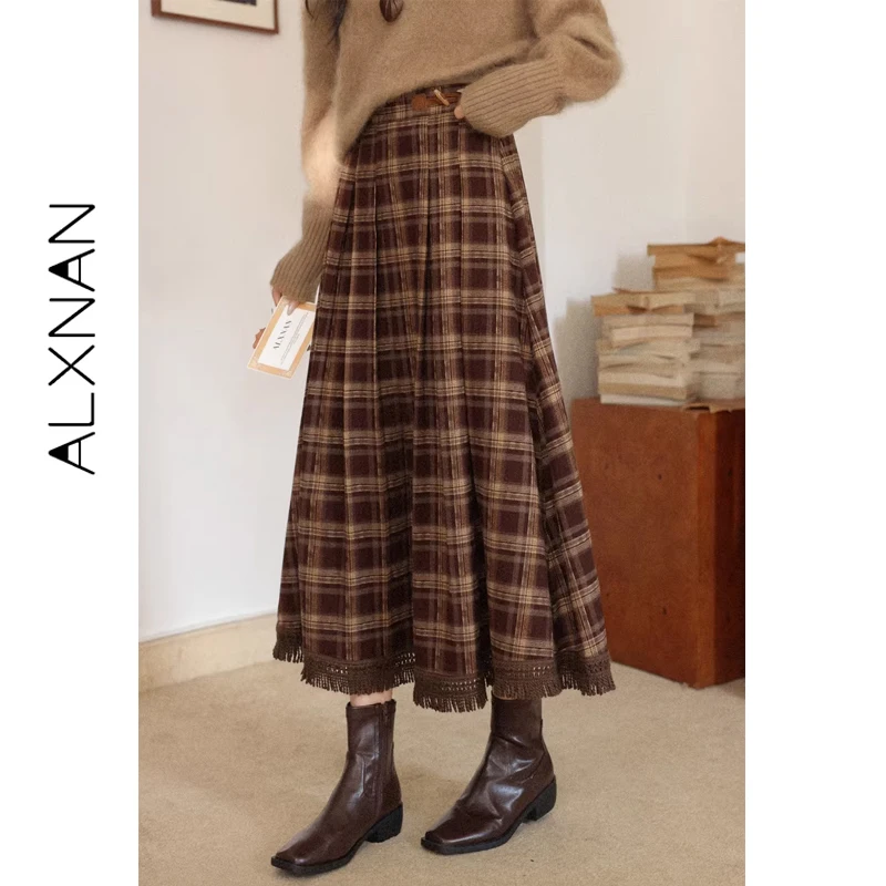 ALXNAN Vintage Plaid A-lijn Lange Rok Vrouwen Hoge Taille Geplooide Tartan Rokken Koreaanse Stijl Herfst Winter Leuke Rok Vrouwelijke L59923