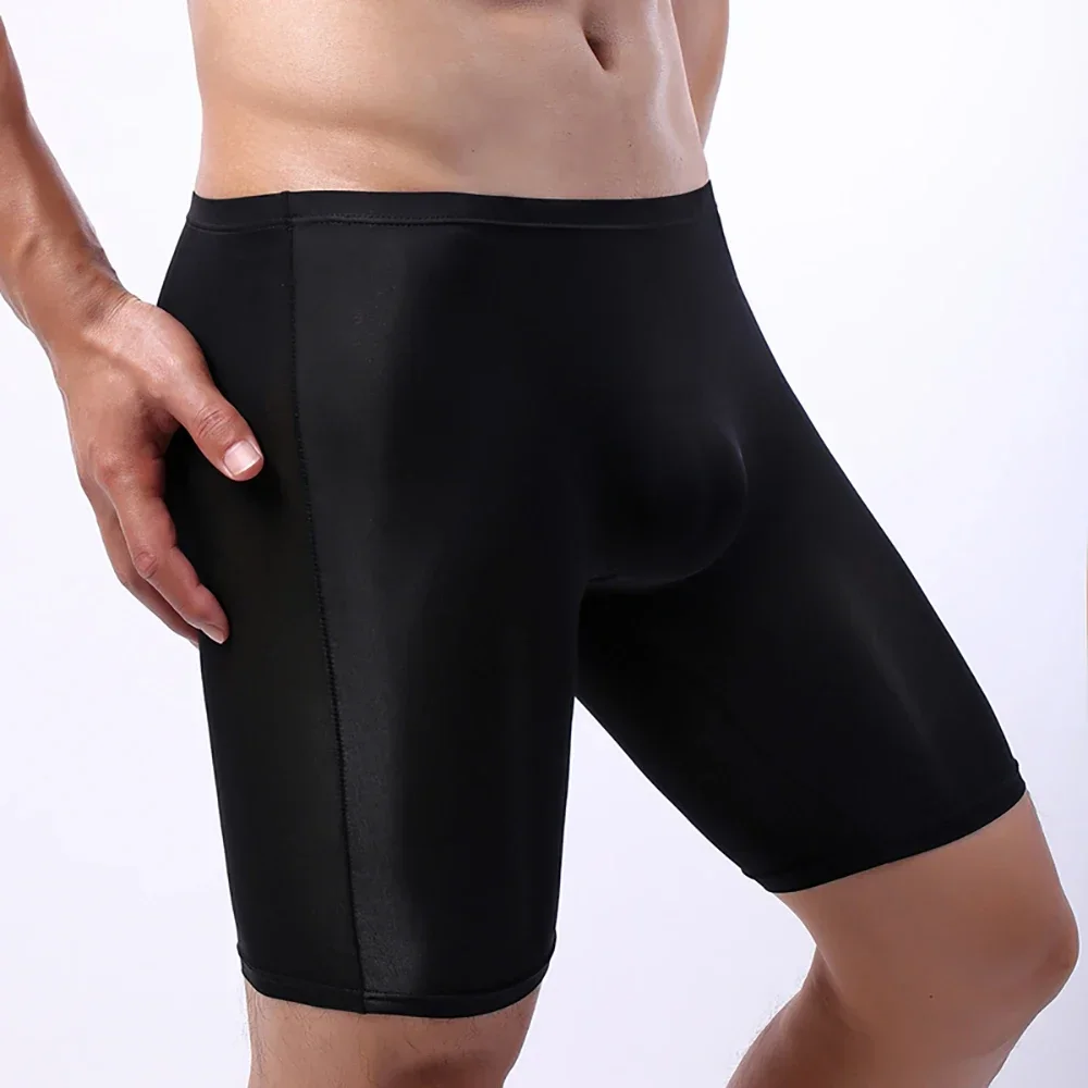 Long Men Bulge Pouch Underwear Ice Silk Shorts Mens Sport Seemless Long Leg Knickers Underpants Sexy Pouch Panties