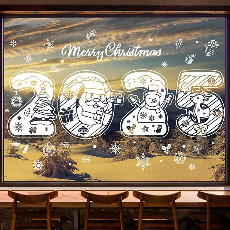 2025 New Year Window Sticker Merry Christmas Electrostatic Wall Sticker Santa Claus Snowman Snowflake Window Decals Xmas Decor