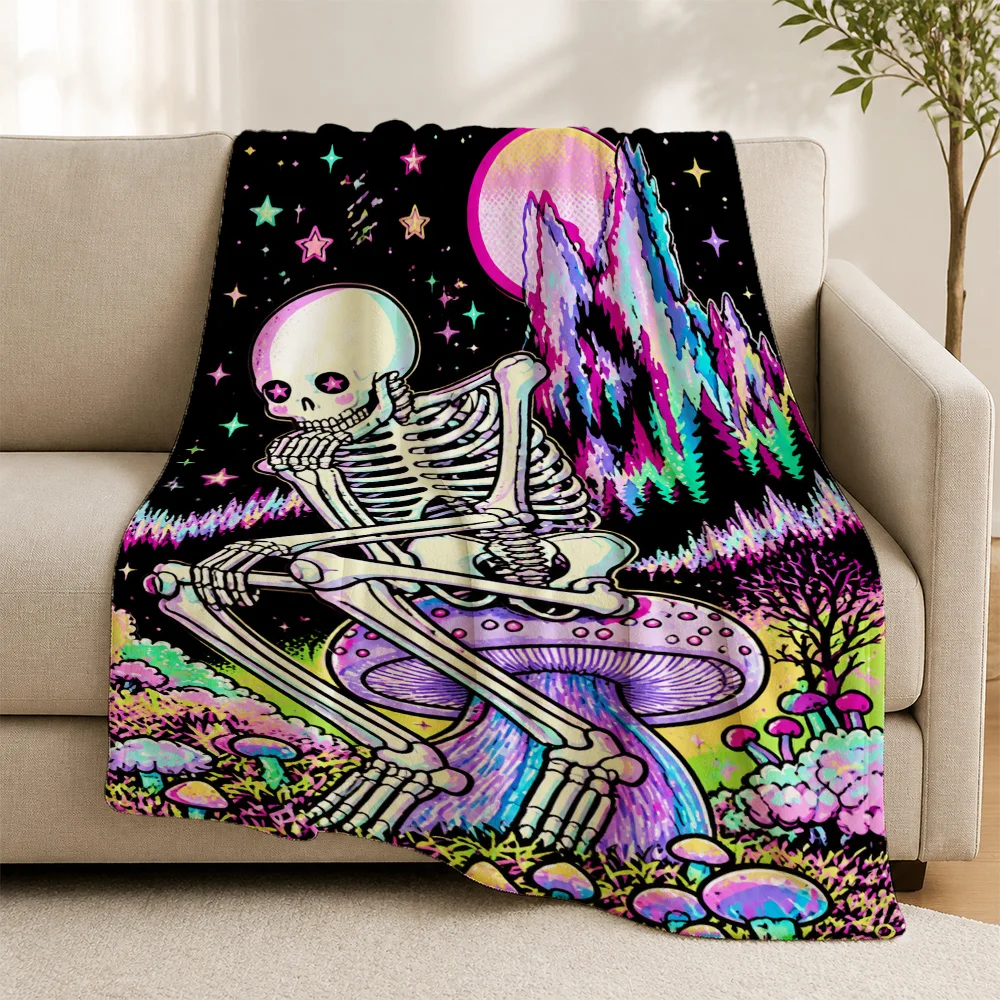 Ultra Psychedelic Skeleton Mushroom Throw Blanket Bohemian Retro Art Decor Cozy Couch Throw Tapestry Gift for Living Room Space