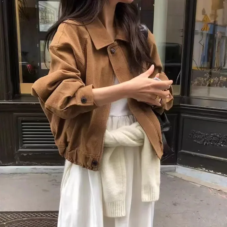 

Мягкое вельветовое повседневное пальто в стиле ретро, женское свободное пальто, однотонное пальто на молнии, осень 2024, модная женская верхняя одежда