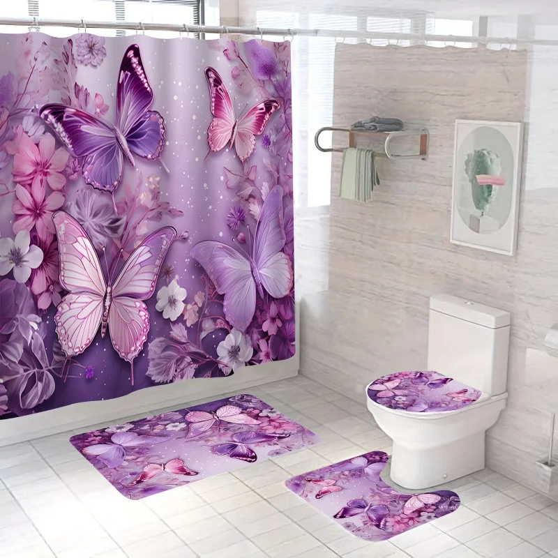 

Набор предметов первой необходимости для ванной комнаты Lavish Purple Butterfly из 4 предметов — водоотталкивающая занавеска для душа с 12 устойчивыми к ржавчине крючками, нескользящая B