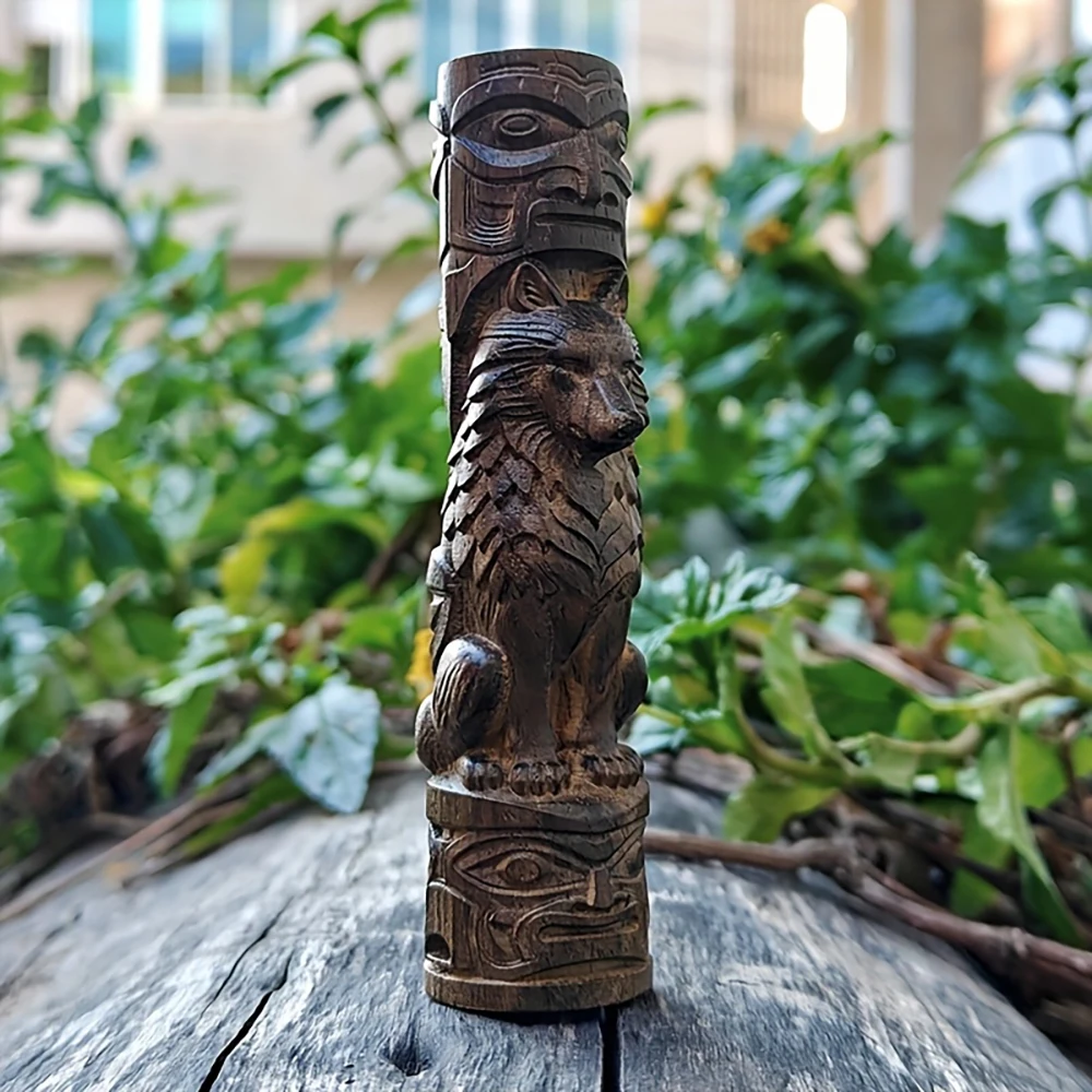 Handgefertigte Holz-Wolf-Totem-Skulptur, ein dekoratives Kunsthandwerk, das sich für kreative Heimdekorationen, kreative Schreibtischdekorationen, Partydekorationen, Einweihungsgeschenke,