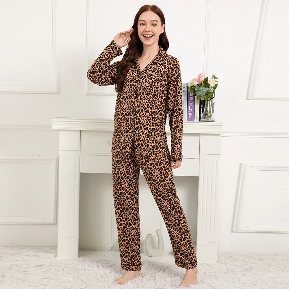 Plus Size S-3XL Leopard Print Viscose Pajama Sets for Women Long Sleepwear Loungewear INS Style Sleepwear Pijamas