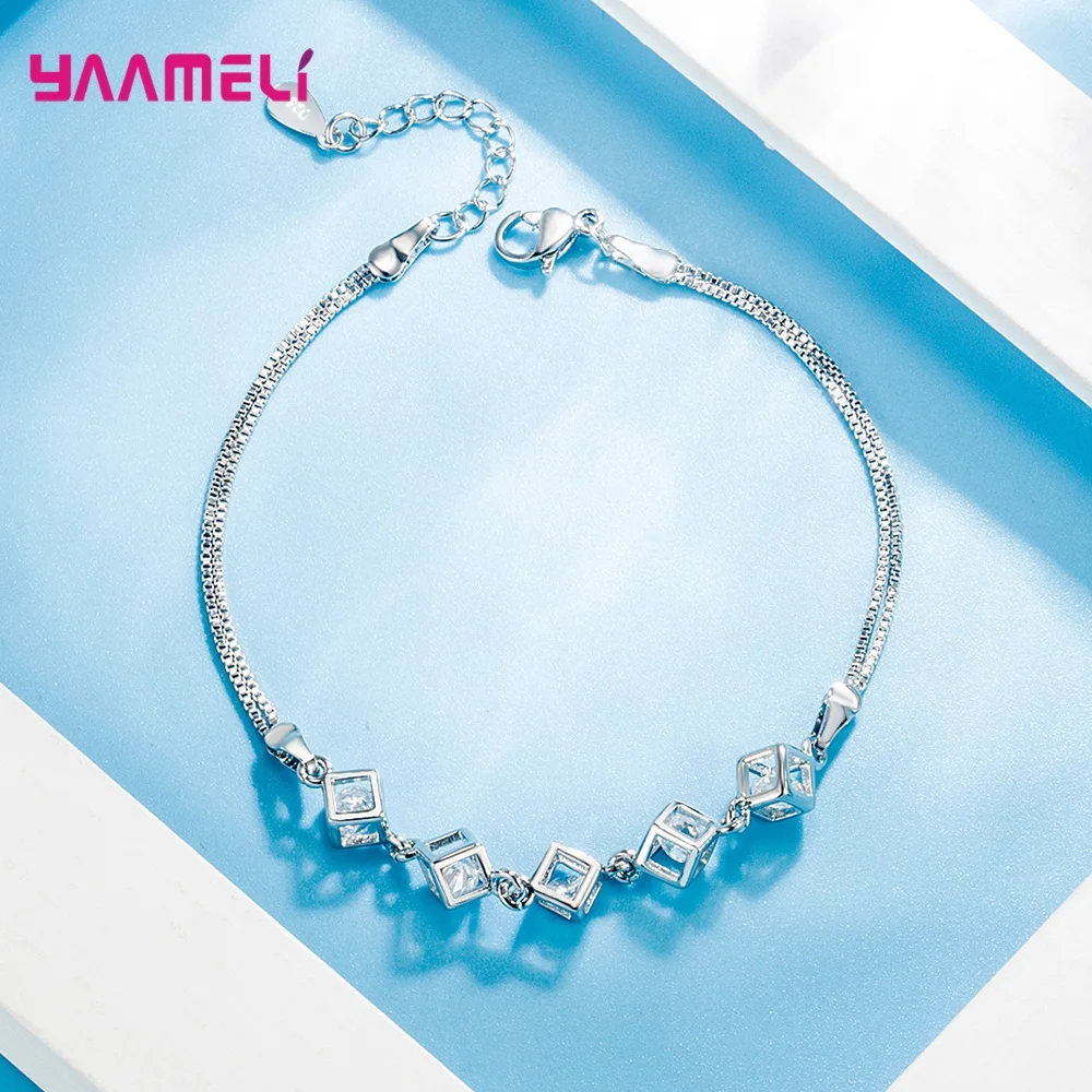 Bracciali classici in argento Sterling 925 gioielli cubo di zirconi cubici bianchi con catena di estensione per regalo di compleanno per ragazze da donna