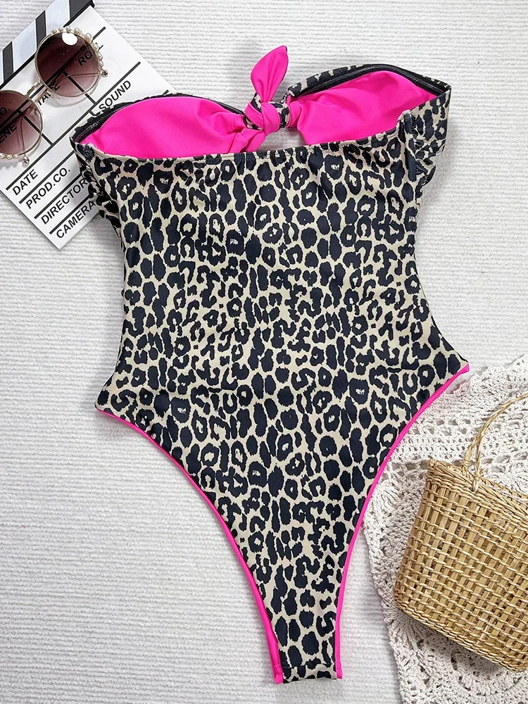 AOTVOTEE, bañador Sexy sin tirantes de leopardo ahuecado de una pieza, Bikinis de playa para mujer, nuevo traje de baño de verano 2025, traje de baño de una pieza