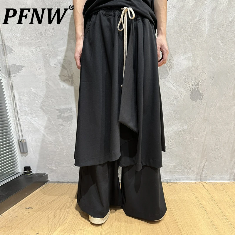 PFNW Japanese Darkwear Irregular Apron Black Tide Drawstring Trousers High Quality Elastic Waist Fake Two Pieces Pantss 28W5931