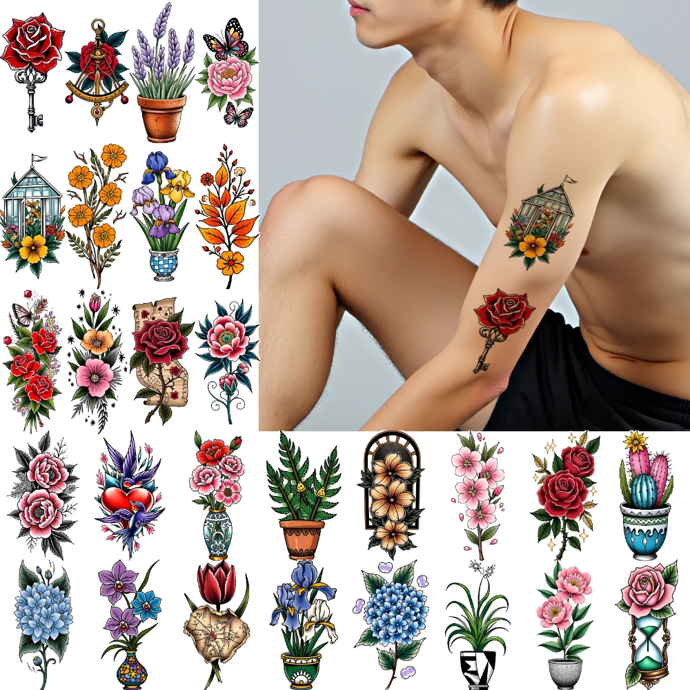 

28pcs Temporary Tattoo Flower Fern New School Traditional Greenhouse Flower Pot Temporary Tattoo Stickers Butterfly For Arms