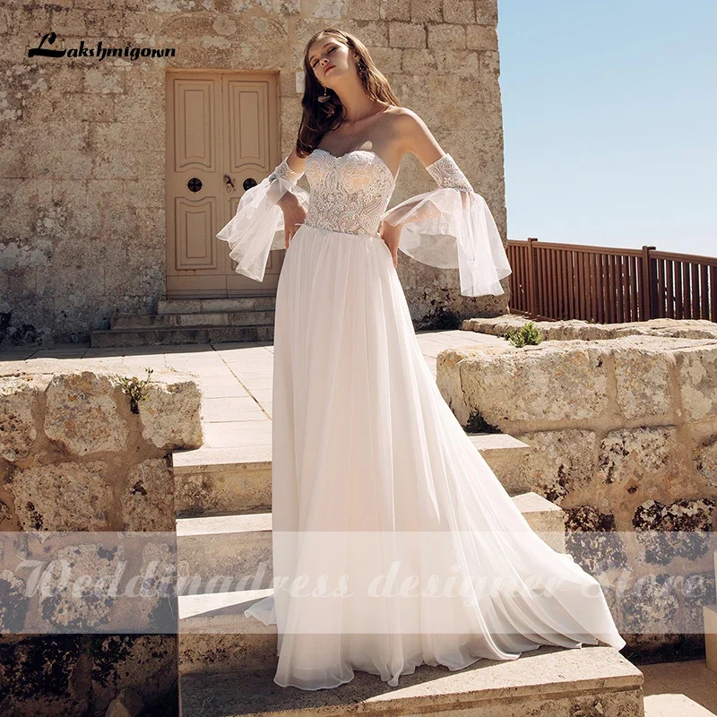 2021 Nuovi abiti da sposa Boho Beach A Line con maniche staccabili Applique in pizzo Abiti da sposa eleganti robe de mariee Lakshmigown