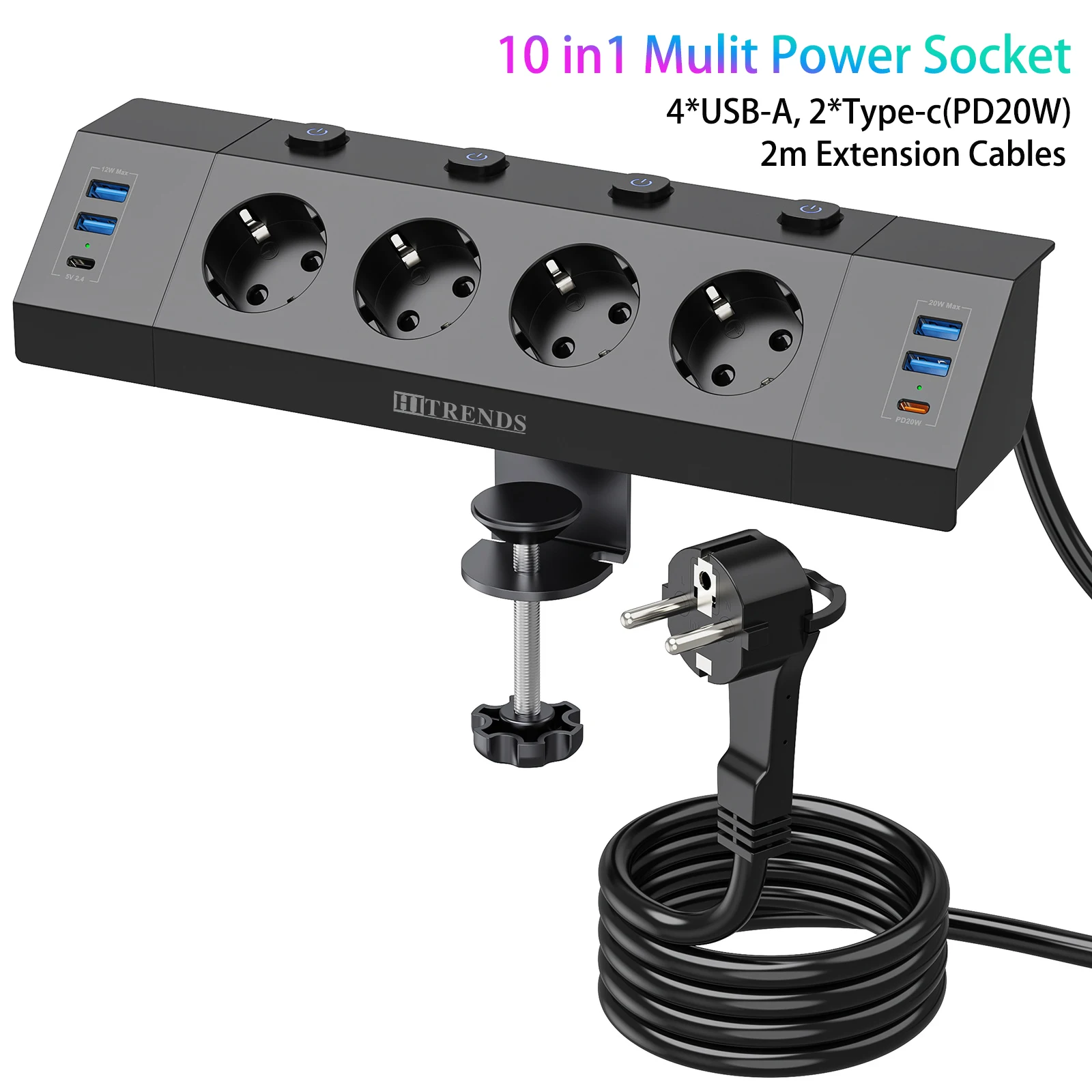 

Настольная встроенная розетка европейского стандарта с 4 розетками переменного тока и 4 USB A 2 USB C, 4 индивидуальных переключателя, удлинителем длиной 2 м, мультирозеткой