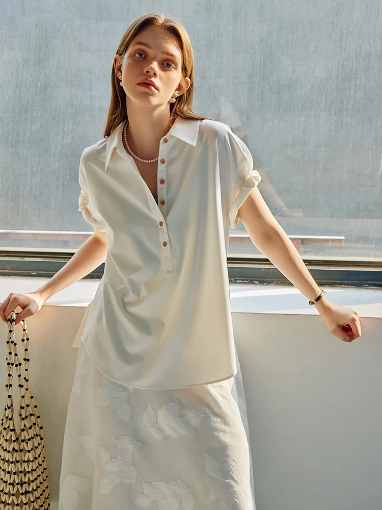 FSLE Loose Rolled Sleeve Shirt For Women's Summer 2024 New Design Sense Short Sleeved White Blue Top 24FS12303