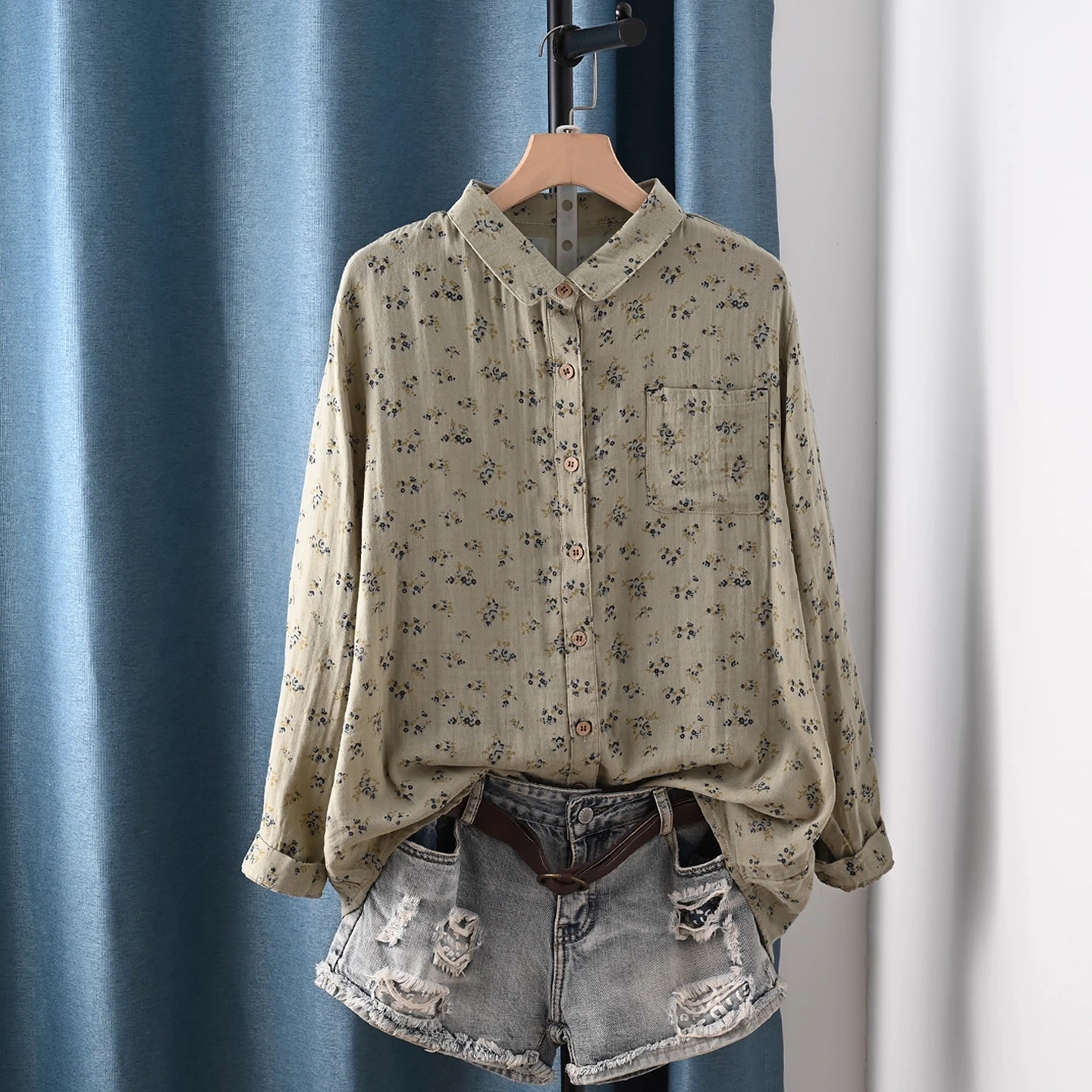 

Enianechu Женская одежда среднего возраста 100% хлопчатобумажная пряжа Зеленый Красный Синий Белый Рубашки оверсайз с принтом в деревенском стиле Блузки с длинными рукавами