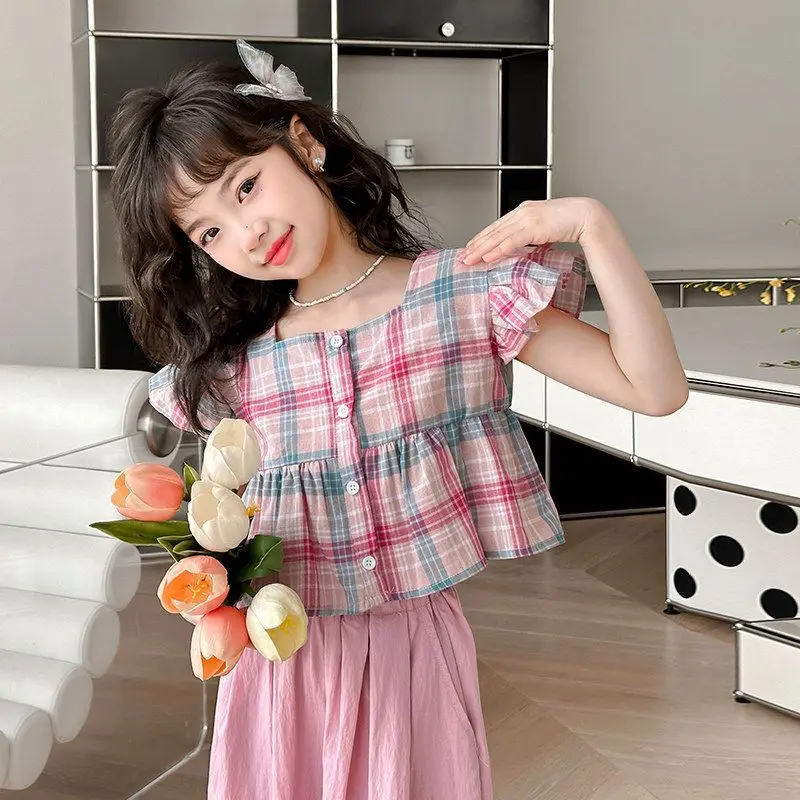 

Summer Sweet and Casual 3-10 Year Old Girls and Teenagers Pink Suit Square Collar Checkered Top+Wide Leg Pants Two Piece Set
