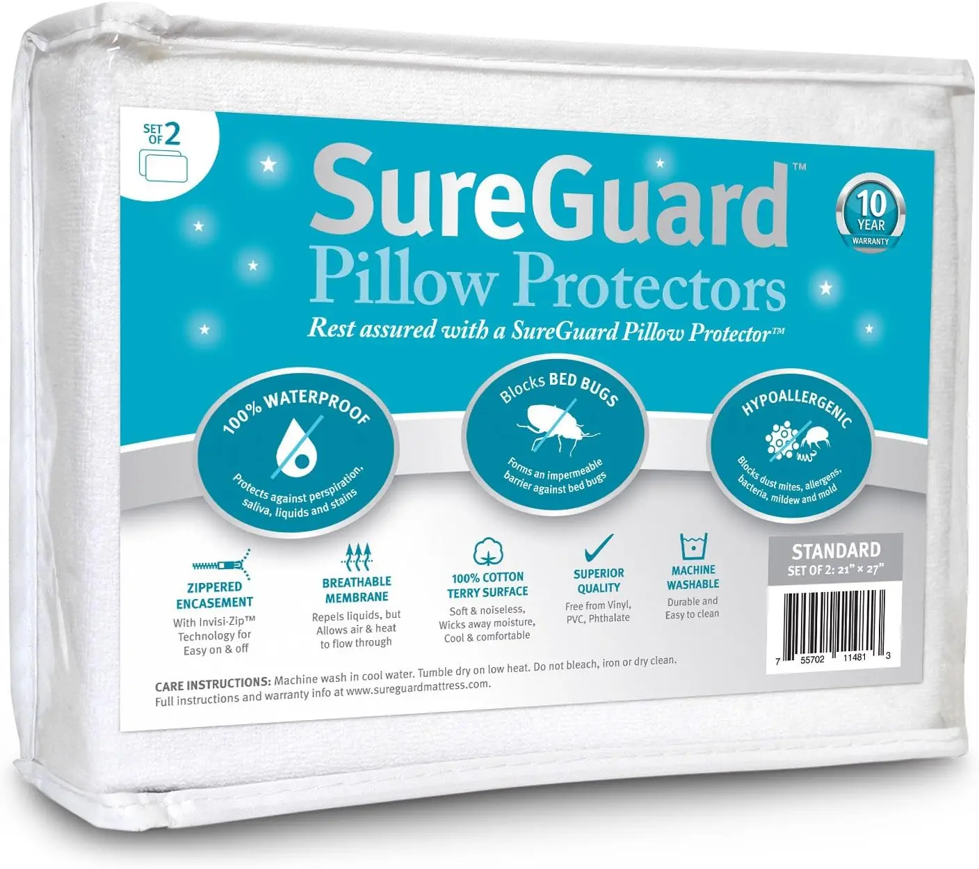 

Set Of 2 Standard Size Sureguard Pillow Protectors - 100% Waterproof, Bed Bug Proof, Hypoallergenic - Premium Zippered Cotton