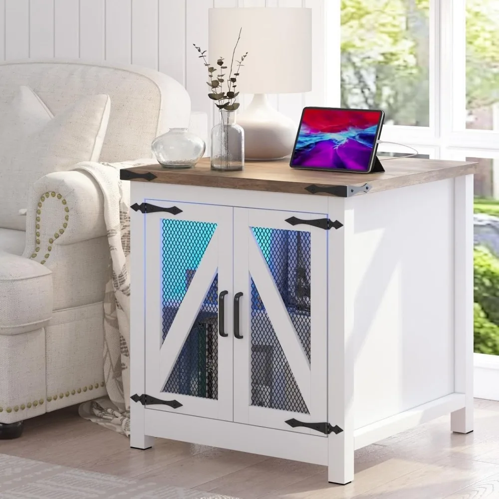 

Farmhouse End Table, 24 Large Sofa Side Table with Charging Station, Mesh Barn Door, and Adjustable Storage Shelf, Rustic Wood S