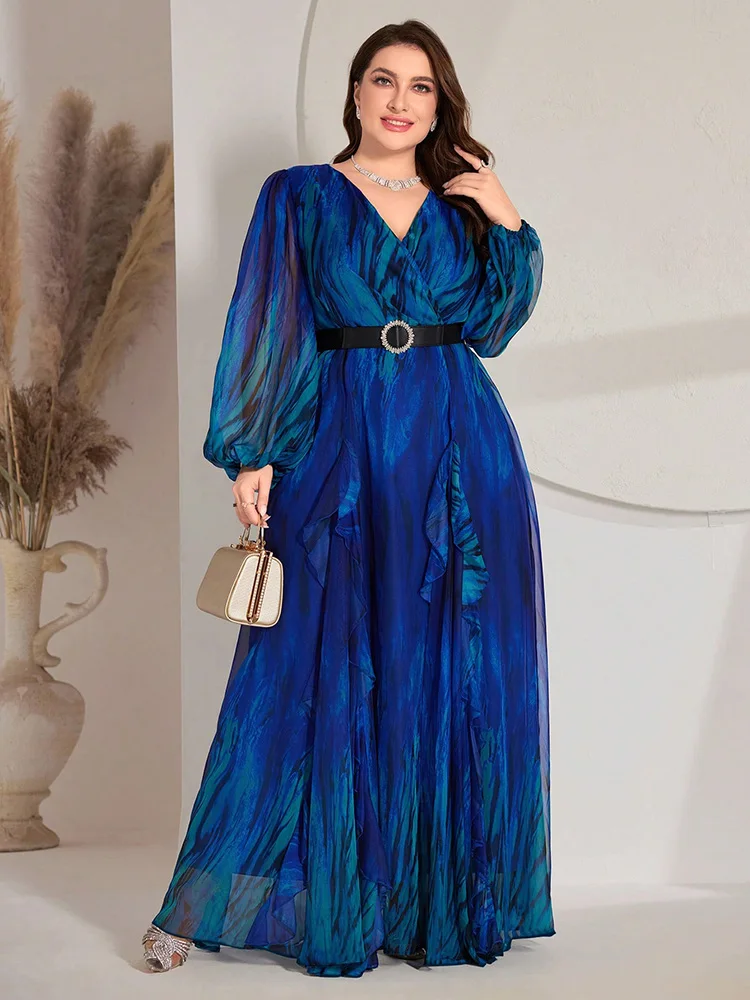 TOLEEN 2024 New Luxury Elegant Plus Size Women Maxi Dresses Ombre Lantern Sleeve V-Neck Arabia Long Dress, For Summer Vocation