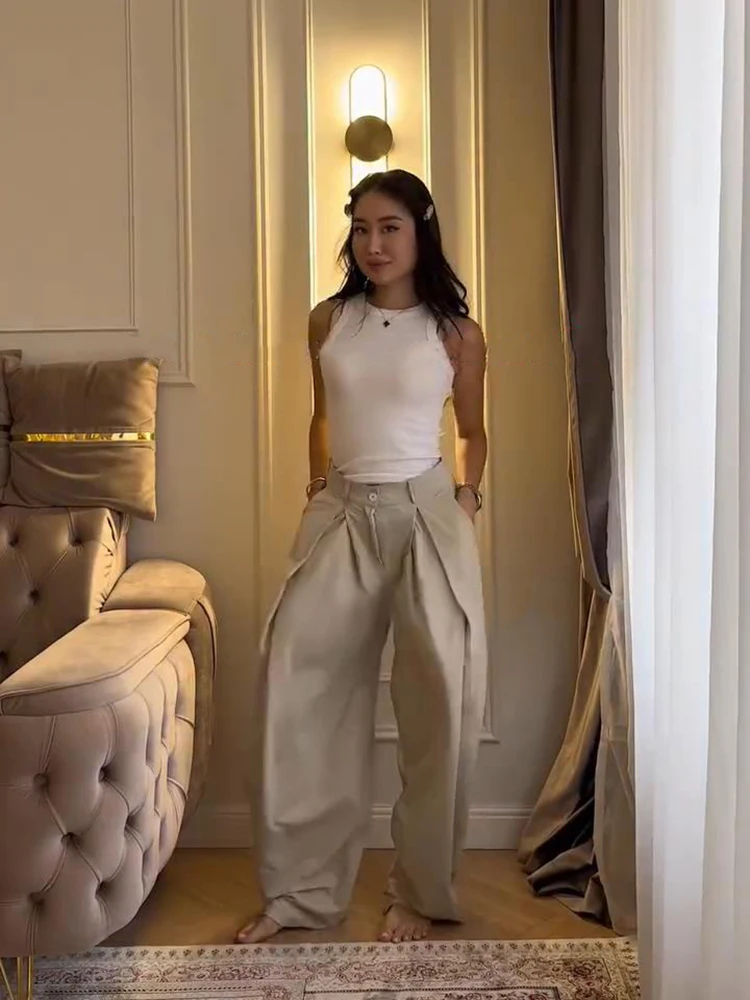 Damen-Hosenanzüge, 2-teilig, V-Ausschnitt, Kurzarm, seitliche Knopfleiste, Schnürung, geraffte Mäntel, plissierte Hosen, schicke Damen-Outfits mit Paneelen – Detail 7