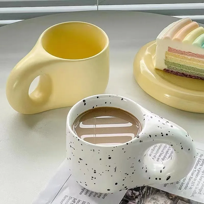 1set Ceramic Coffee Chubby Mug Saucer Set Creative Cute Fat Handle Cup With Saucer For Office And Home Room Decor