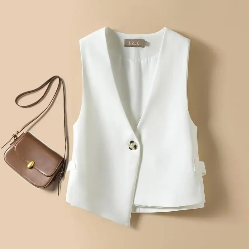 Gilet sottile da donna con bottone singolo scollo a V top corto casual 2025 estate nuove signore da ufficio asimmetria giacca senza maniche gilet T1096