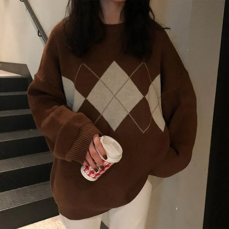 Fashion Oversized Women Knit Sweater Pullovers Ladies Winter Loose Sweater Korean College Style Women Jumper Plaid Sweater 16691