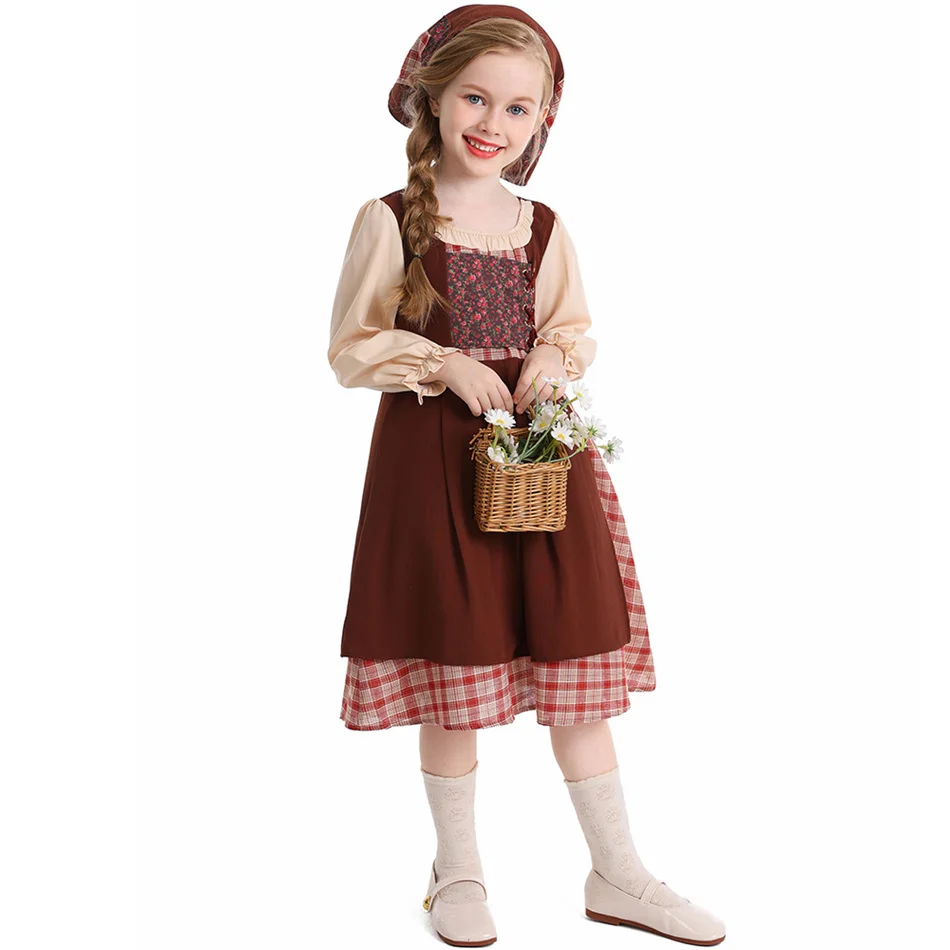

Little Girl Pastoral Farm Maid Stage Play Performance Dress Girls Cosplay Carnival Long Sleeved Frocks Kids Floral Print Clothes