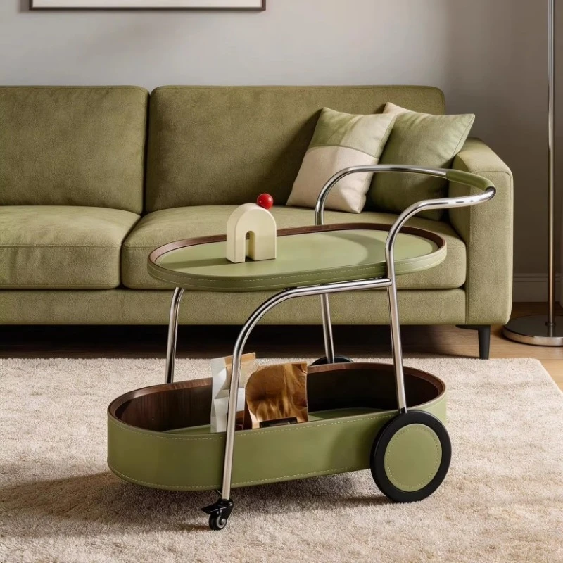Modern two-story coffee and tea wheel, stainless steel mobile side table, with storage space for living room