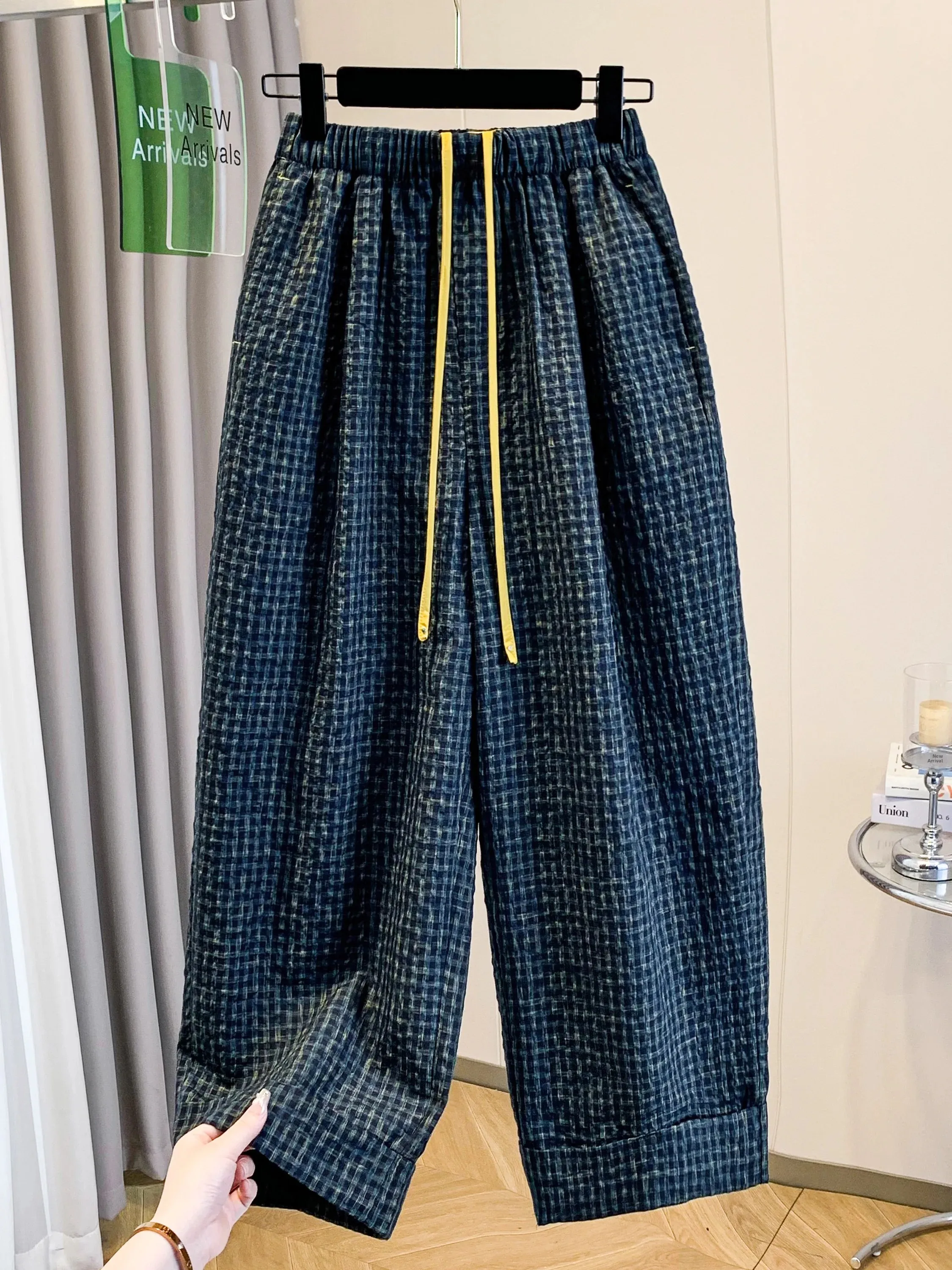 

Retro High Waist Wide Leg Pants Women's plus Size Design Sense Drawstring Elastic Waist Slimming Plaid Trendy Casual Trousers