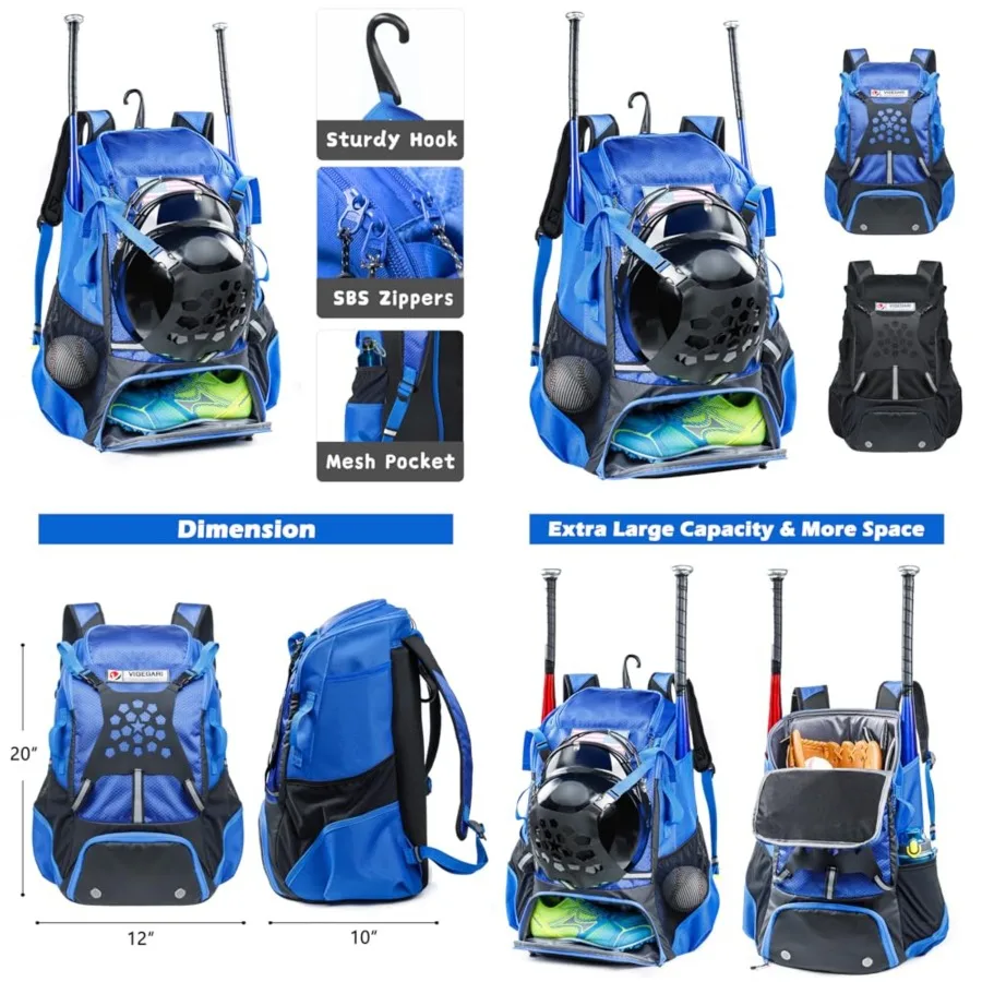 

Baseball Backpack for Youth, Boys, Adults - Bat and Softball Equipment Bag With Glove Holder, Helmet, Shoes Compartment - T-Bal
