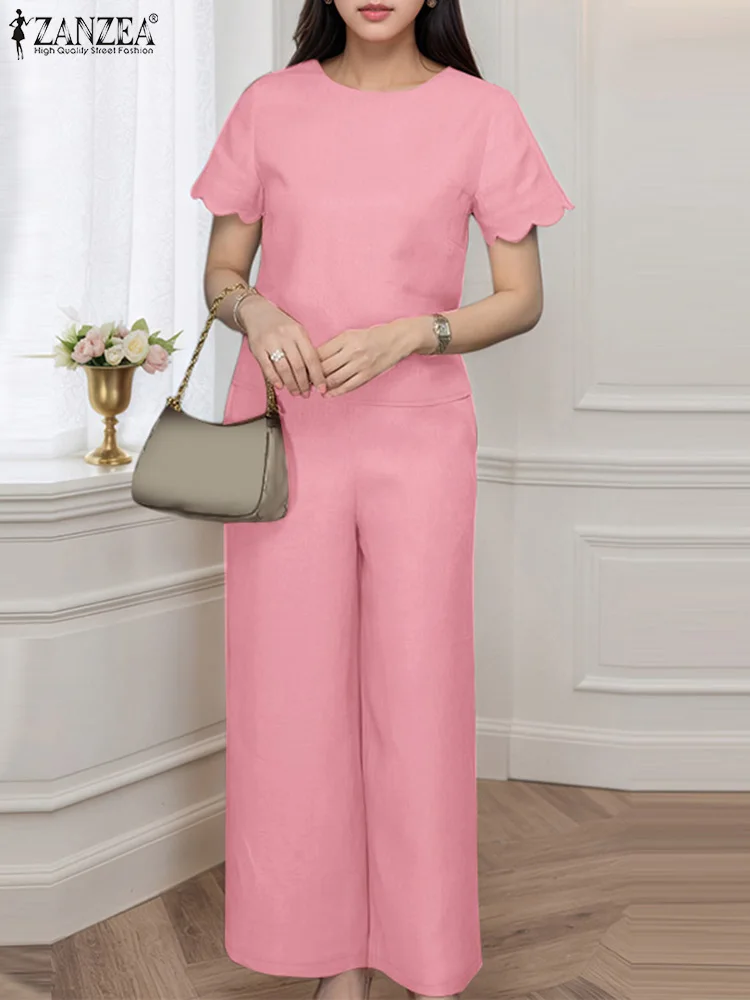 

ZANZEA Elastic Waist Pants Scalloped Short Sleeve Tops Pant Sets Casual Woman Day Wear Elegant Two Piece Outfits 2 Pieces Sets