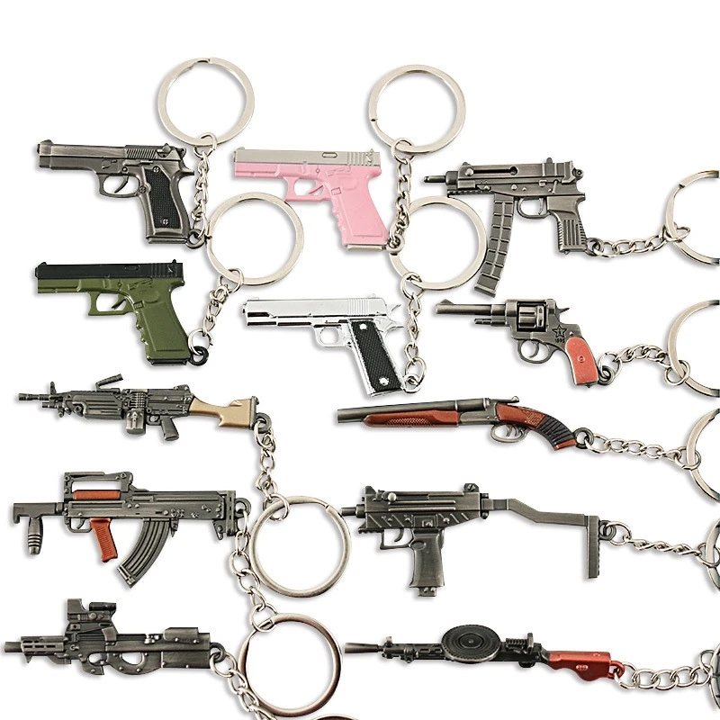 

Many Styles Mini Metal Gun Keychain PUBG AK47 Glock Gun Weapon Model Alloy Pistol Light Key Chain Car Pendant Gift Toy for Kids