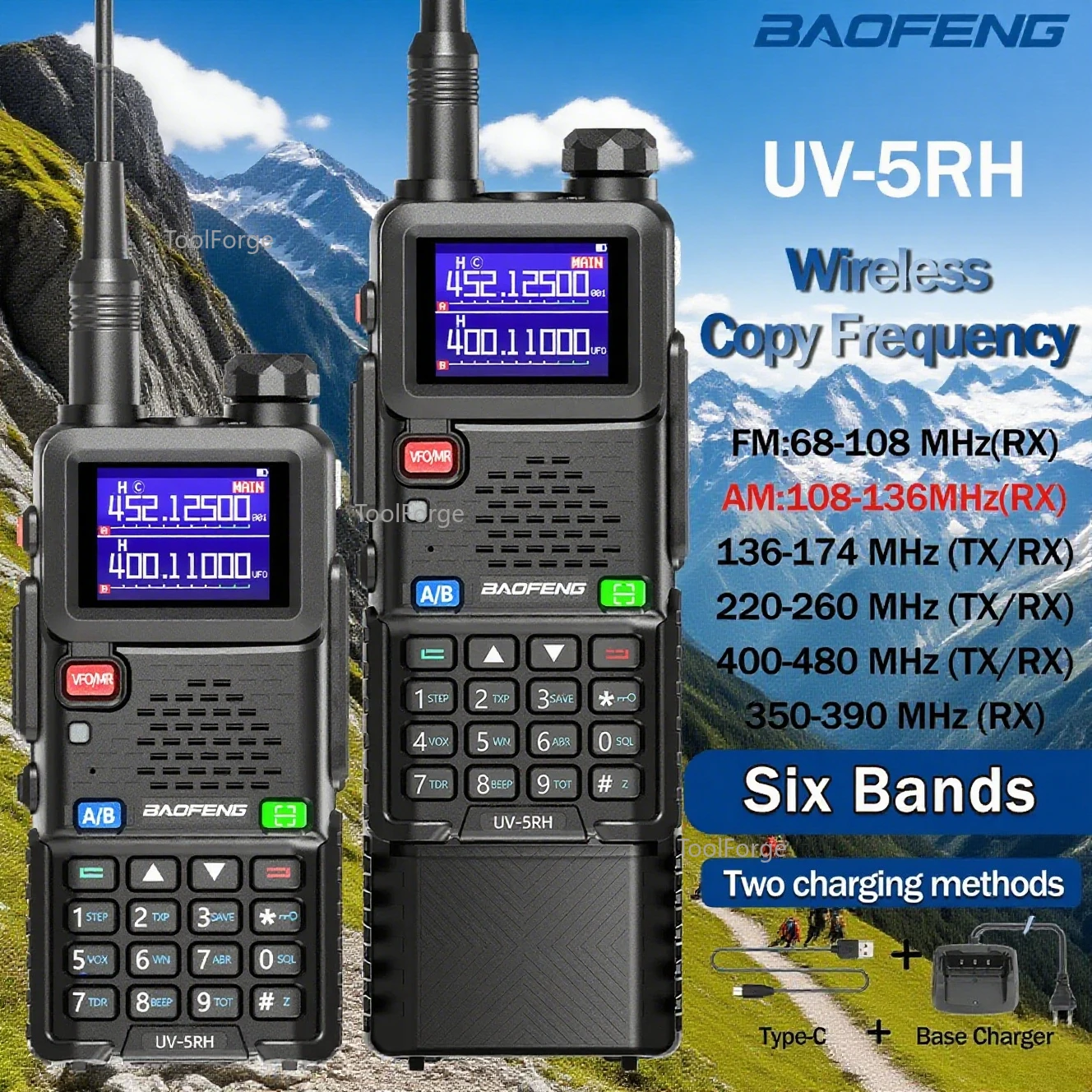 Baofeng UV5RH 10W Air Band Walkie Talkie Long Range Wirless Copy Frequency Two WayType-C outdoor camping Hunting ham radio