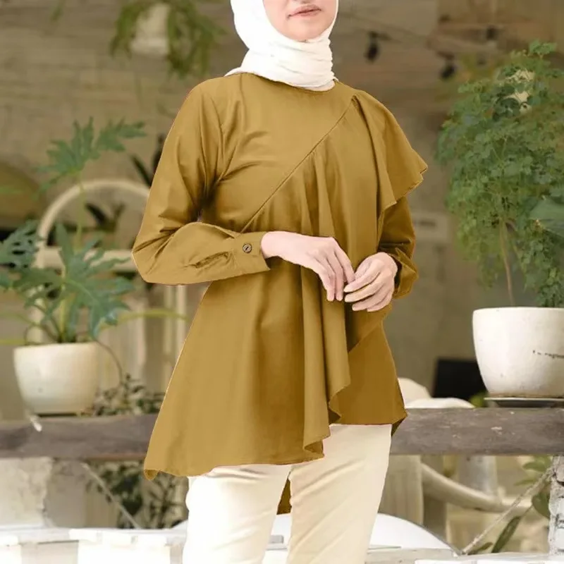 Muslim Women's Top Dress Mubarak Abaya Eid Ramadan Ruffles Long Sleeve Tops Malaysia Lady Button Decoration Casual Ropa Islam