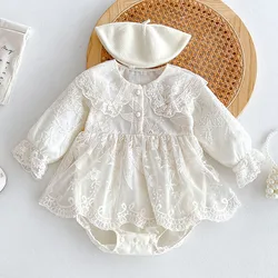 2024 New Autumn 0-24M Baby Girl Clothing Toddler Baby Girl Romper Long Sleeved Cotton Lace Splicing Infant Baby Girls Jumpsuit