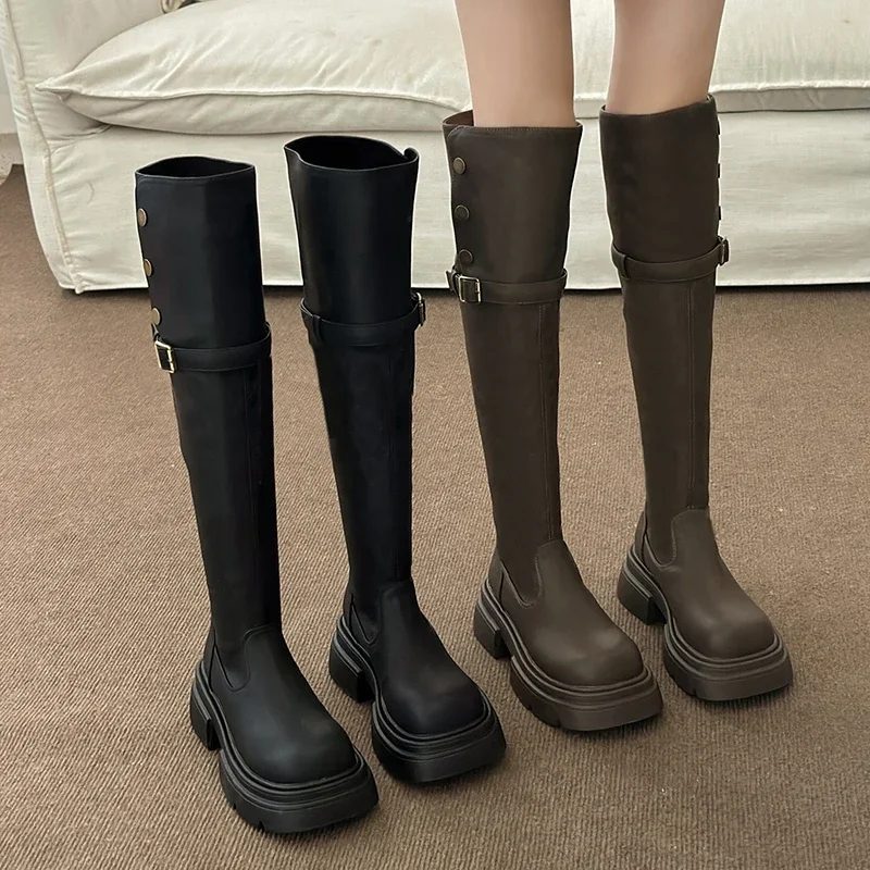 Botas De alta calidad con punta redonda para Mujer, Zapatos De tacón grueso De tubo alto, a la moda, para invierno, 2023