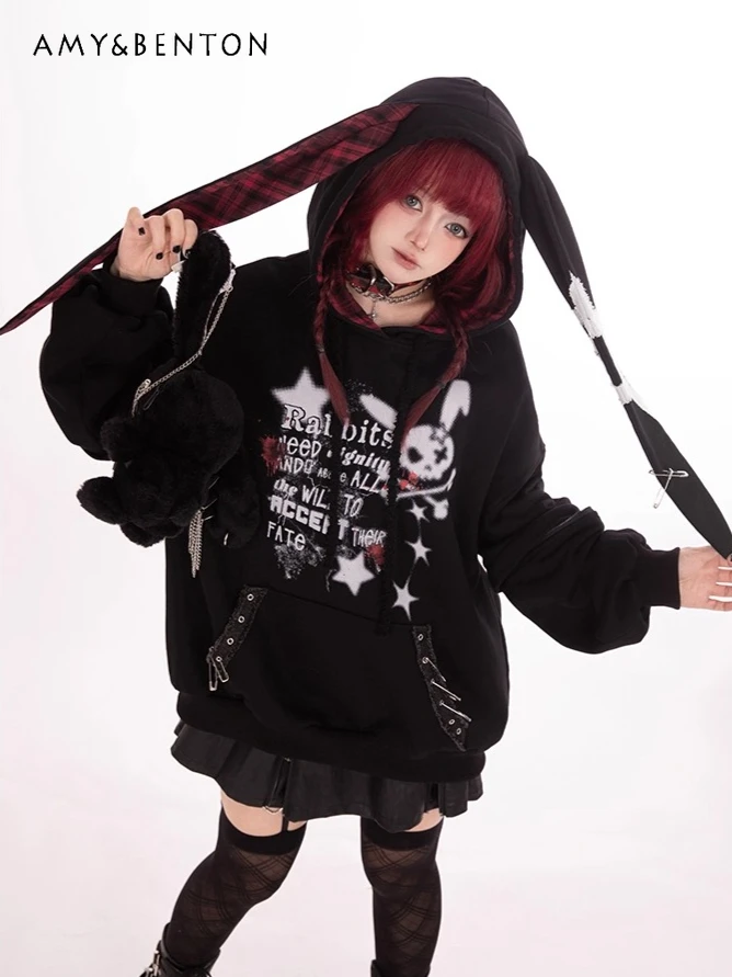 

Subculture Cartoon Anime Print Bunny Ears Hollow Long Sleeve Hoodies Women Autumn Winter Japanese Gothic Dark Oversized Hoodie