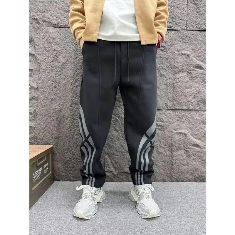 

Men's Heavy Weight Splicing Small Right Angle Sweatpants Autumn Winter American Printed Striped Loose Casual Youth Pants